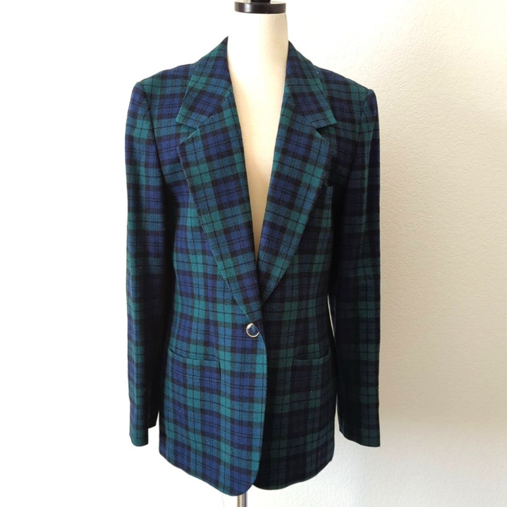 VTG Pendleton Womens Blazer Jacket Tartan Blue Green Plaid Wool 10T Academia 90s